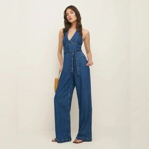 NWT Reformation Elena Wide Leg Denim Halter Jumpsuit Indigo Blue 8
